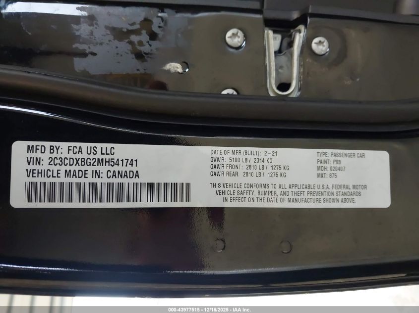 2021 Dodge Charger Sxt Rwd VIN: 2C3CDXBG2MH541741 Lot: 43977515