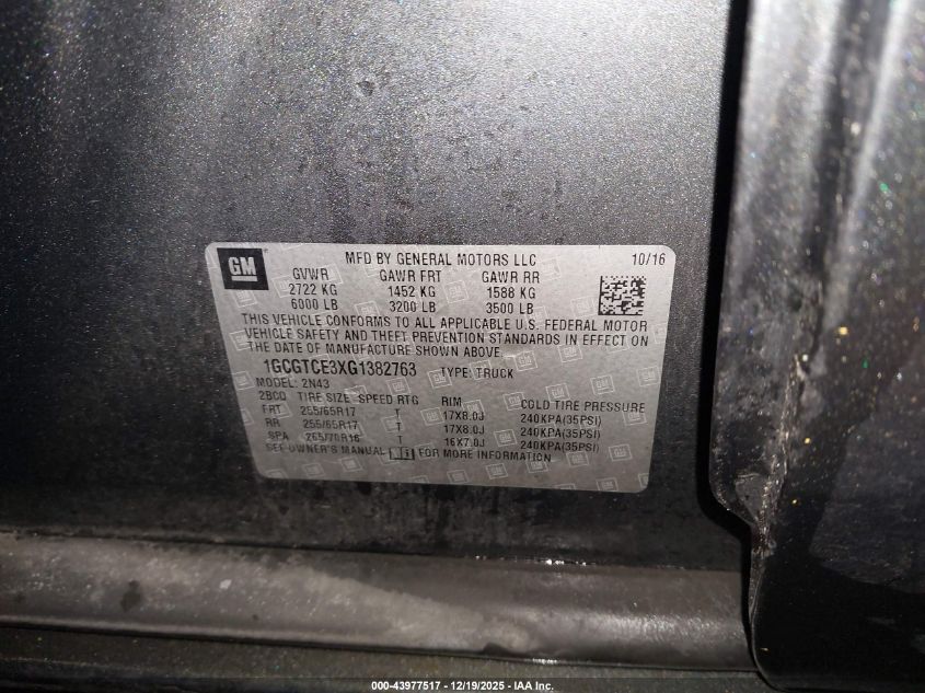 2016 Chevrolet Colorado Lt VIN: 1GCGTCE3XG1382763 Lot: 43977517