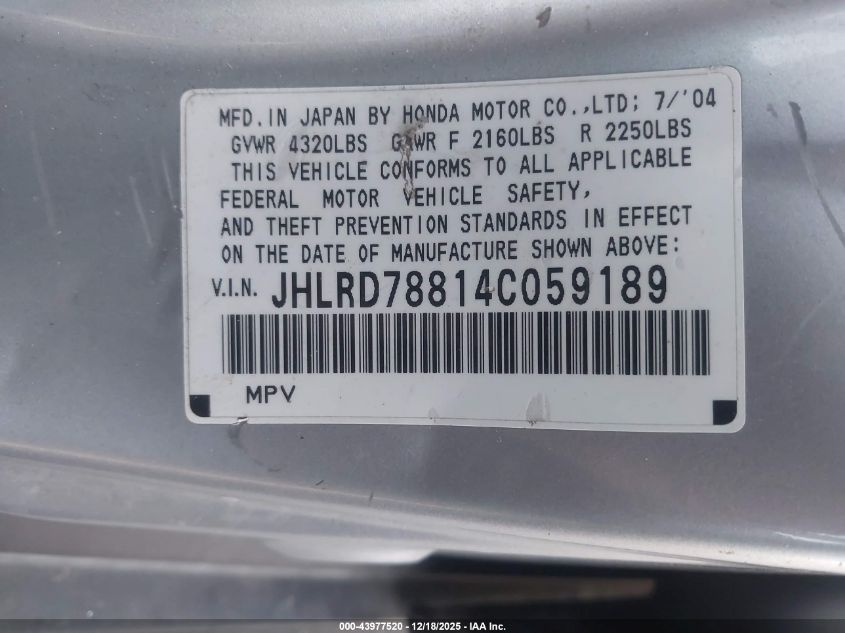 2004 Honda Cr-V Ex VIN: JHLRD78814C059189 Lot: 43977520