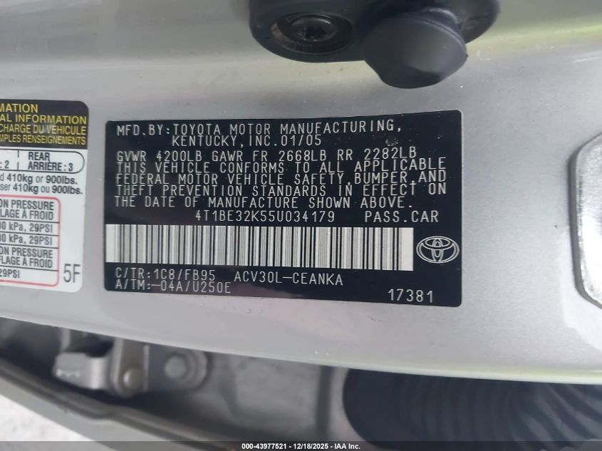 2005 Toyota Camry Le VIN: 4T1BE32K55U03417 Lot: 43977521