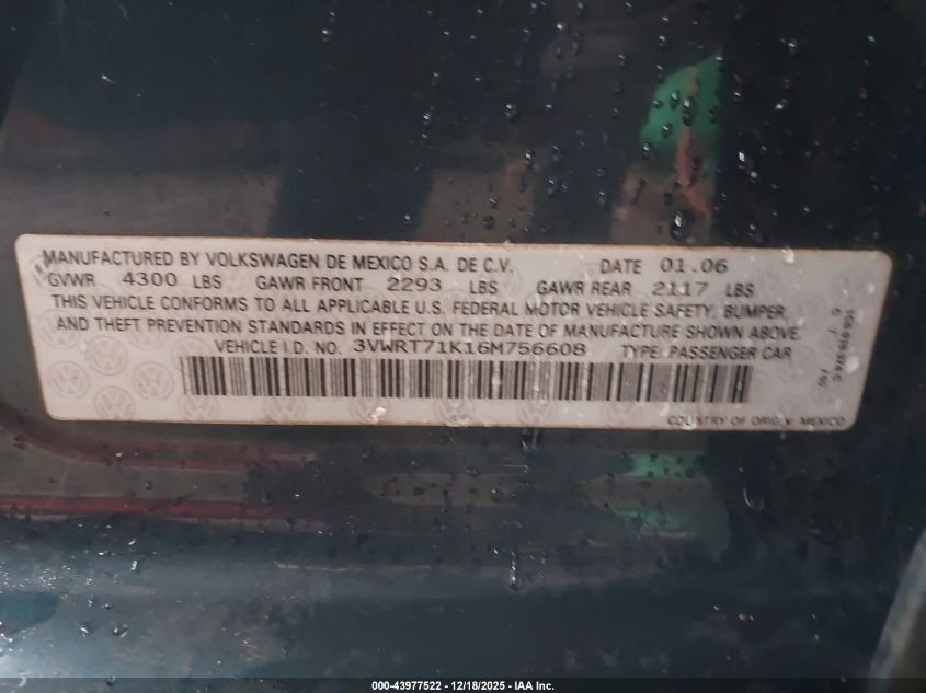 2006 Volkswagen Jetta Tdi VIN: 3VWRT71K16M756608 Lot: 43977522