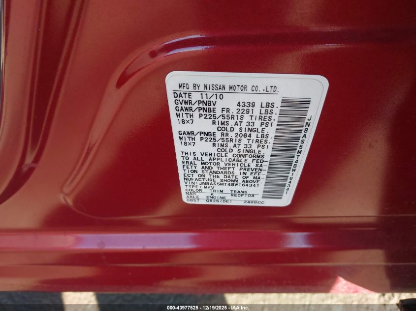 2011 Nissan Rogue Sv VIN: JN8AS5MT4BW164341 Lot: 43977525