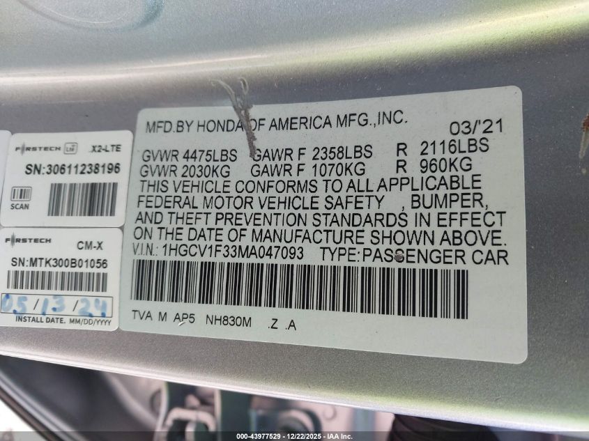 2021 Honda Accord Sport VIN: 1HGCV1F33MA047093 Lot: 43977529