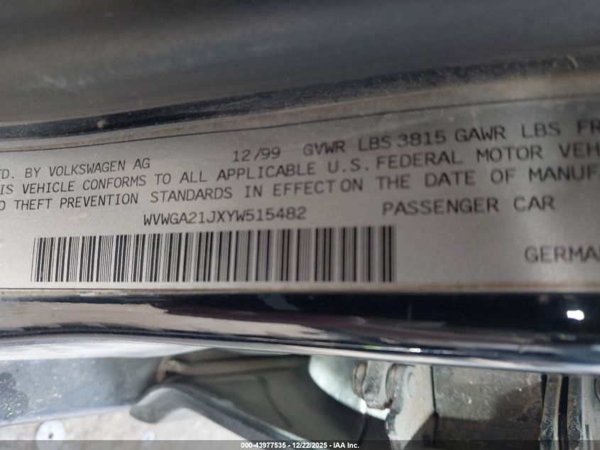 2000 Volkswagen Golf Gls VIN: WVWGA21JXYW515482 Lot: 43977535