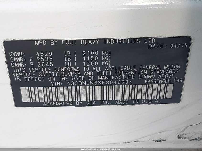 2015 Subaru Legacy 3.6R Limited VIN: 4S3BNEN6XF3046284 Lot: 43977536