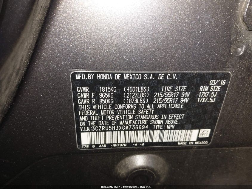 2016 Honda Hr-V Lx VIN: 3CZRU5H3XGM736694 Lot: 43977537