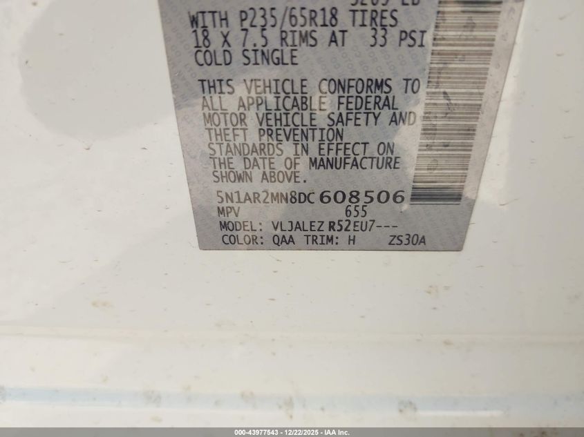 2013 Nissan Pathfinder Sv VIN: 5N1AR2MN8DC608506 Lot: 43977543