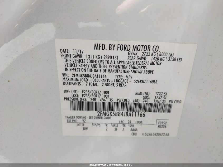 2018 Ford Flex Se VIN: 2FMGK5B84JBA11166 Lot: 43977546