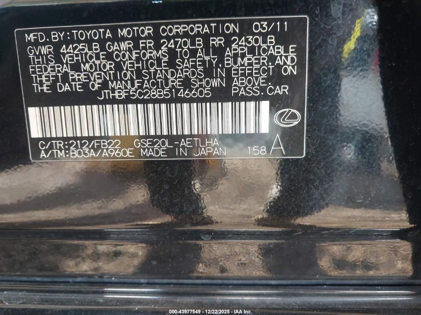 2011 Lexus Is 250 VIN: JTHBF5C28B5146605 Lot: 43977549