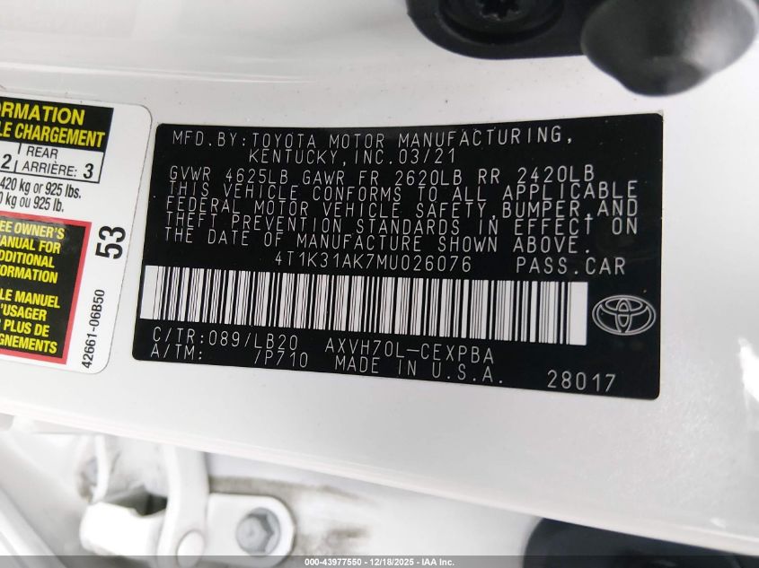 2021 Toyota Camry Xse Hybrid VIN: 4T1K31AK7MU026076 Lot: 43977550