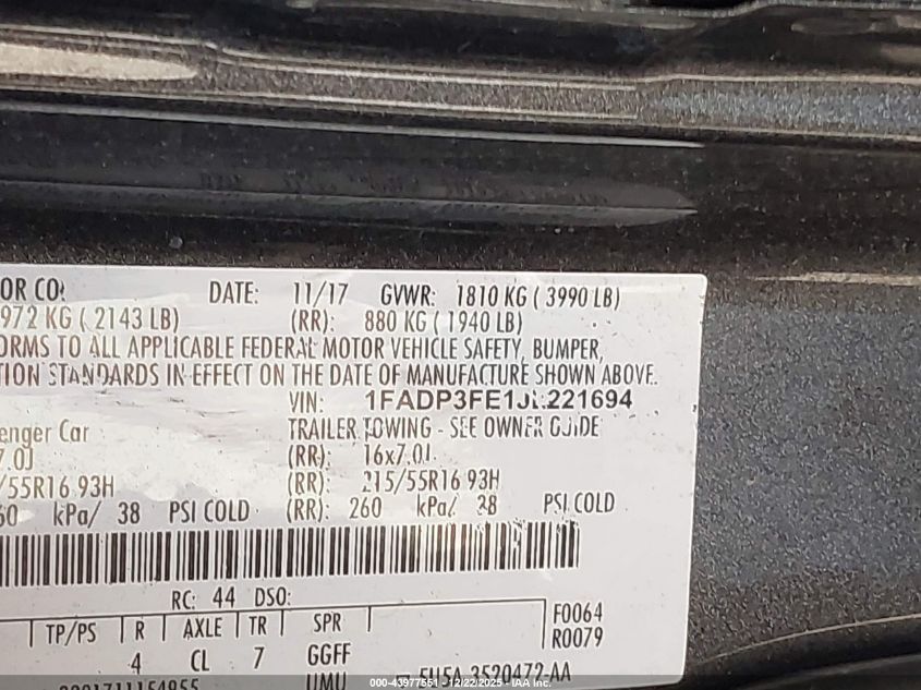 2018 Ford Focus Se VIN: 1FADP3FE1JL221694 Lot: 43977551