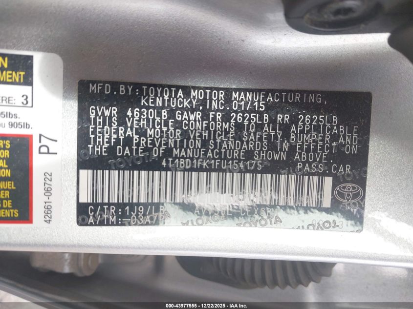 2015 Toyota Camry Hybrid Xle VIN: 4T1BD1FK1FU154175 Lot: 43977555