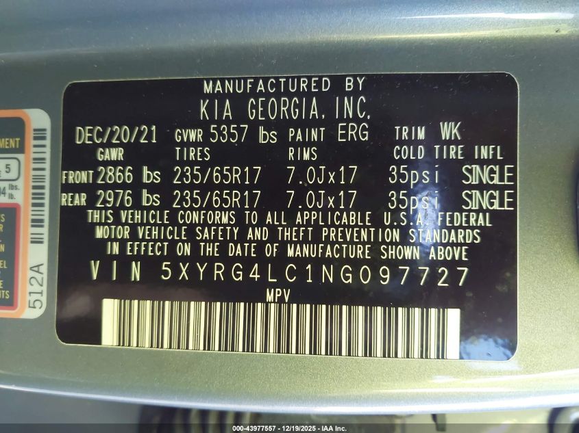 2022 Kia Sorento Lx VIN: 5XYRG4LC1NG097727 Lot: 43977557