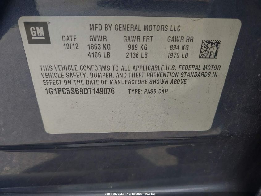 2013 Chevrolet Cruze 1Lt Auto VIN: 1G1PC5SB9D7149076 Lot: 43977558