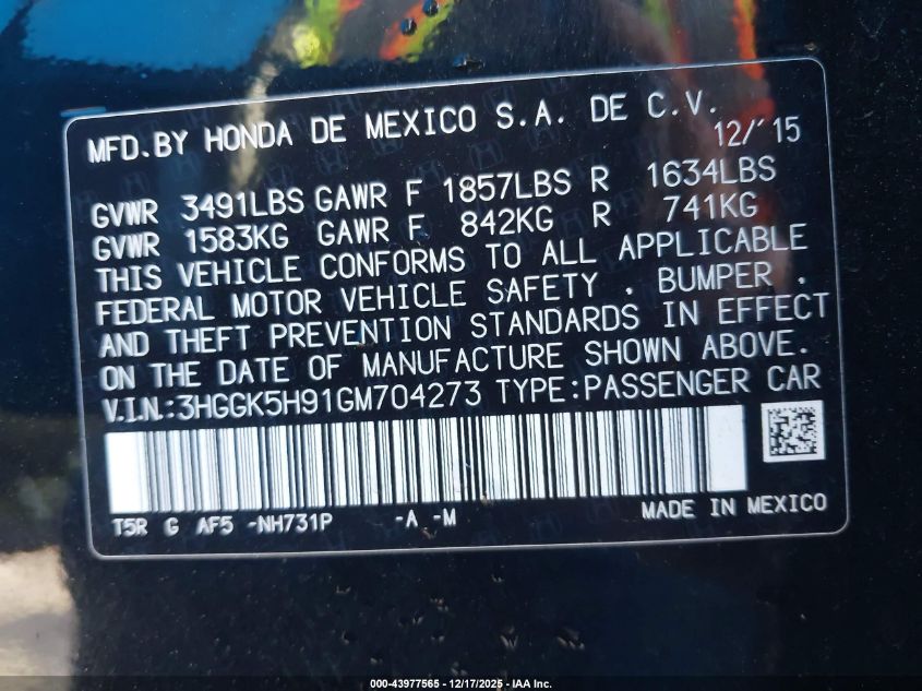 2016 Honda Fit Ex-L VIN: 3HGGK5H91GM704273 Lot: 43977565