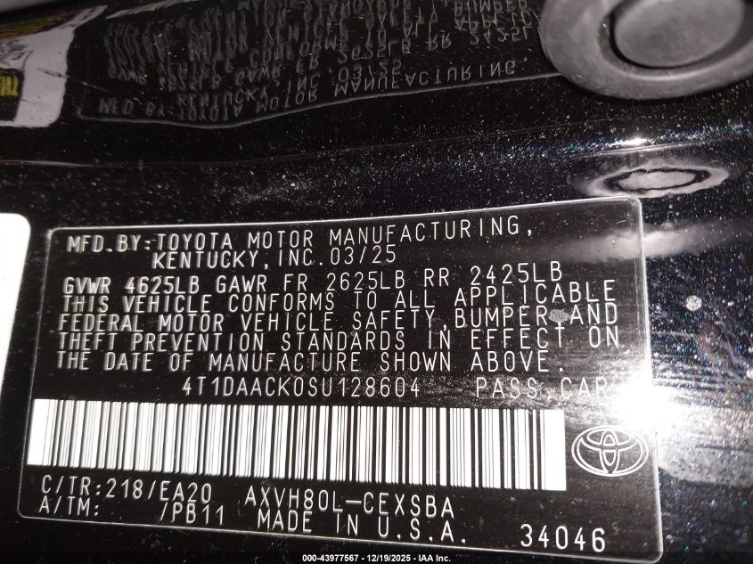 2025 Toyota Camry Se VIN: 4T1DAACK0SU128604 Lot: 43977567