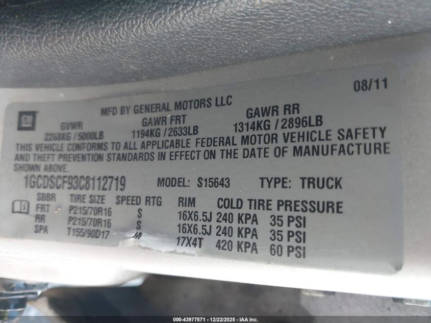 2012 Chevrolet Colorado 1Lt VIN: 1GCDSCF93C8112719 Lot: 43977571