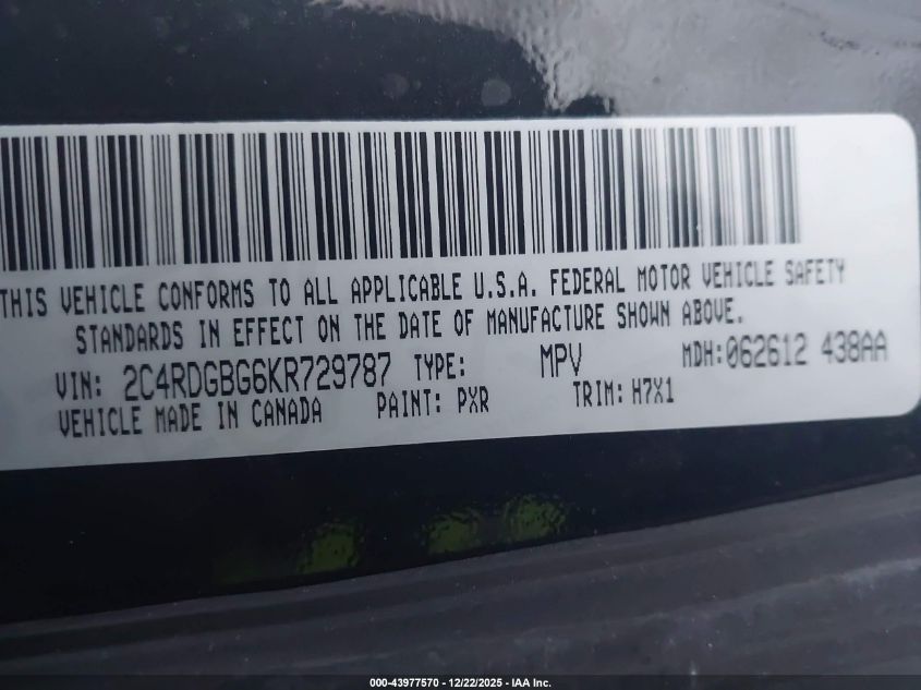 2019 Dodge Grand Caravan Se VIN: 2C4RDGBG6KR729787 Lot: 43977570