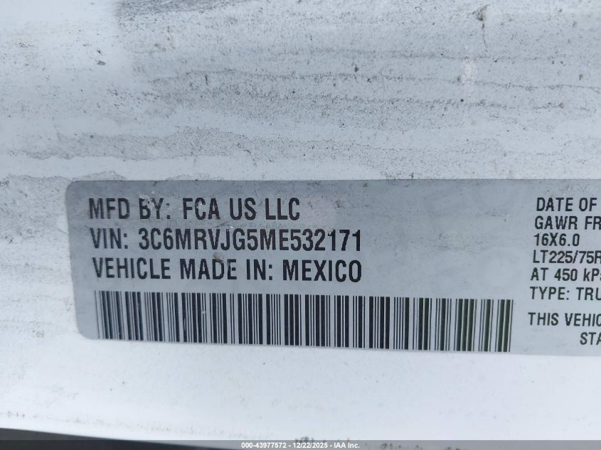 2021 Ram Promaster 3500 Cargo Van High Roof 159 Wb Ext VIN: 3C6MRVJG5ME532171 Lot: 43977572