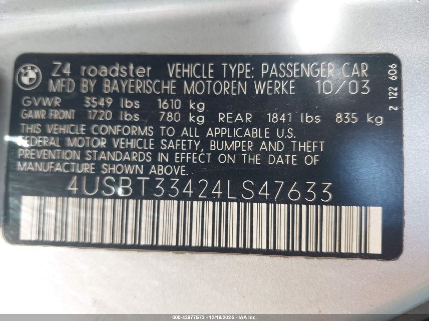 2004 BMW Z4 2.5I VIN: 4USBT33424LS47633 Lot: 43977573