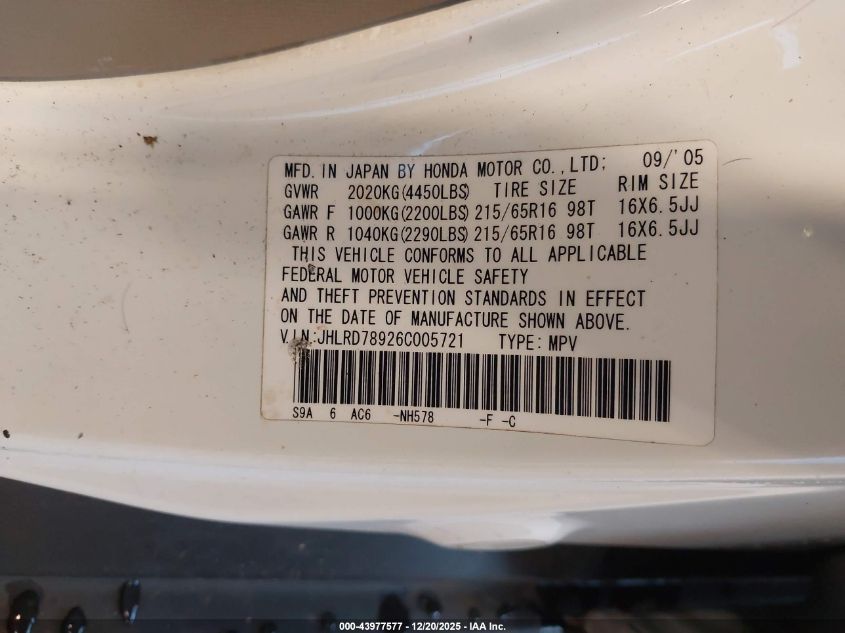 2006 Honda Cr-V Se VIN: JHLRD78926C005721 Lot: 43977577