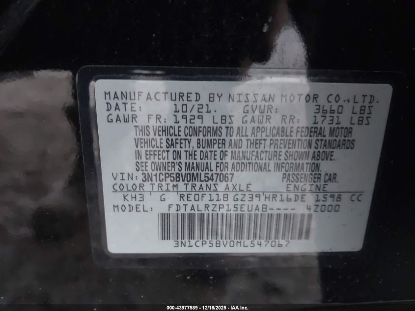 2021 Nissan Kicks S Xtronic Cvt VIN: 3N1CP5BV0ML547067 Lot: 43977589