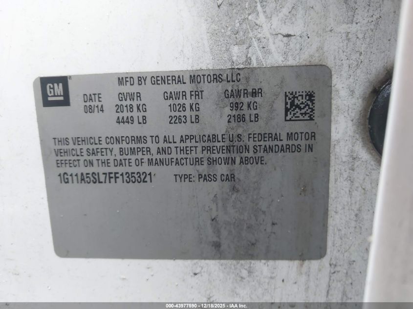 2015 Chevrolet Malibu 1Fl VIN: 1G11A5SL7FF135321 Lot: 43977590