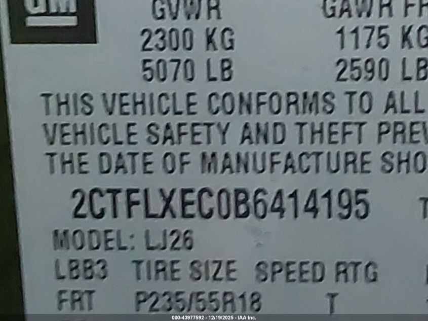 2011 GMC Terrain Slt-2 VIN: 2CTFLXEC0B6414195 Lot: 43977592