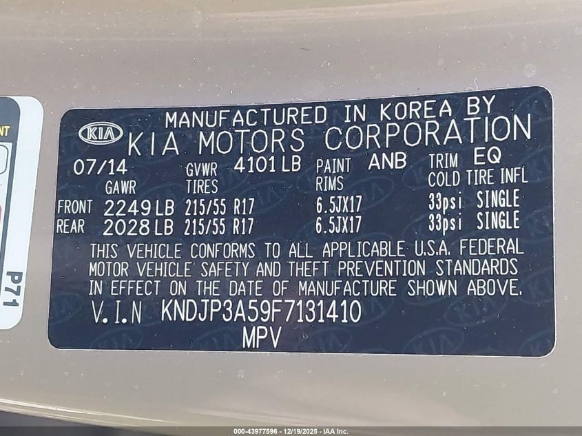 2015 Kia Soul + VIN: KNDJP3A59F7131410 Lot: 43977596