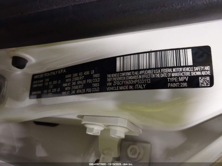 2017 Fiat 500X Pop Awd VIN: ZFBCFYAB0HP533112 Lot: 43977600