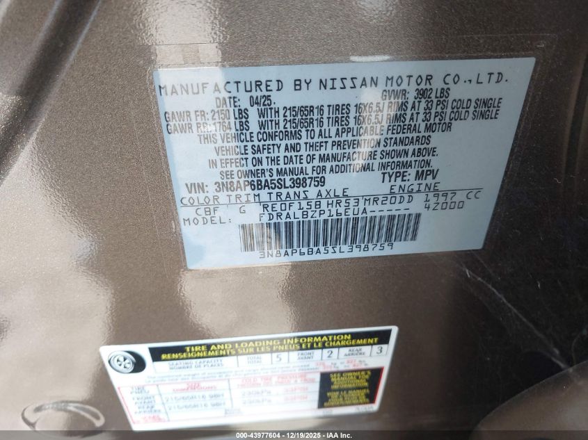 2025 Nissan Kicks S Fwd VIN: 3N8AP6BA5SL398759 Lot: 43977604