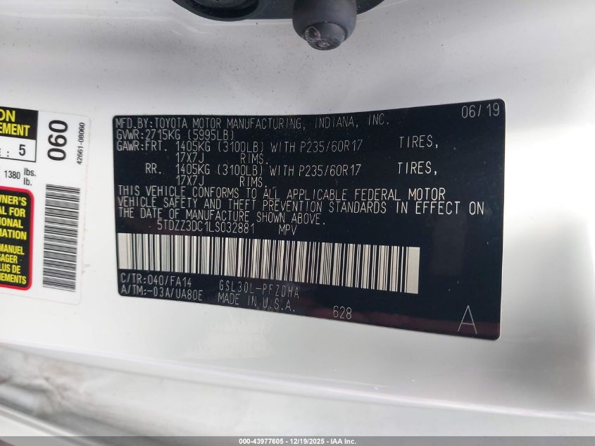 2020 Toyota Sienna L VIN: 5TDZZ3DC1LS032881 Lot: 43977605