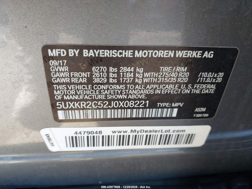 2018 BMW X5 Sdrive35I VIN: 5UXKR2C52J0X08221 Lot: 43977606