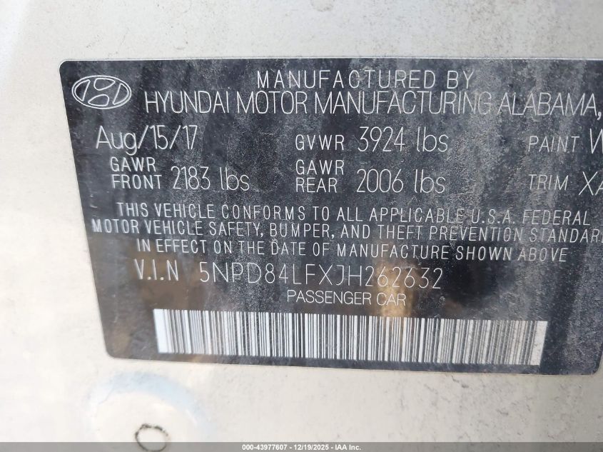 2018 Hyundai Elantra Sel VIN: 5NPD84LFXJH262632 Lot: 43977607