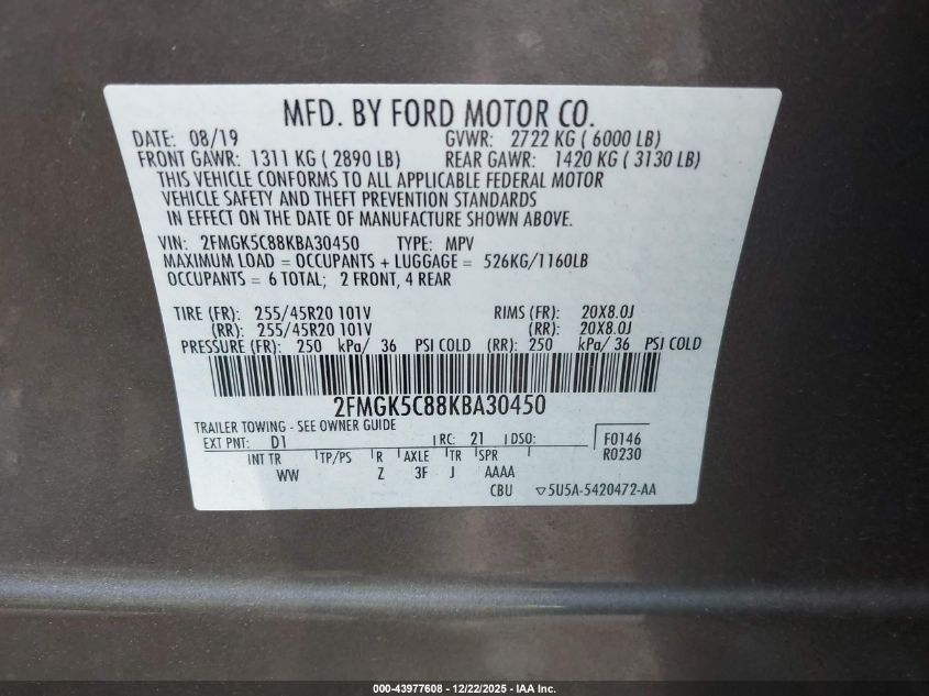 2019 Ford Flex Sel VIN: 2FMGK5C88KBA30450 Lot: 43977608