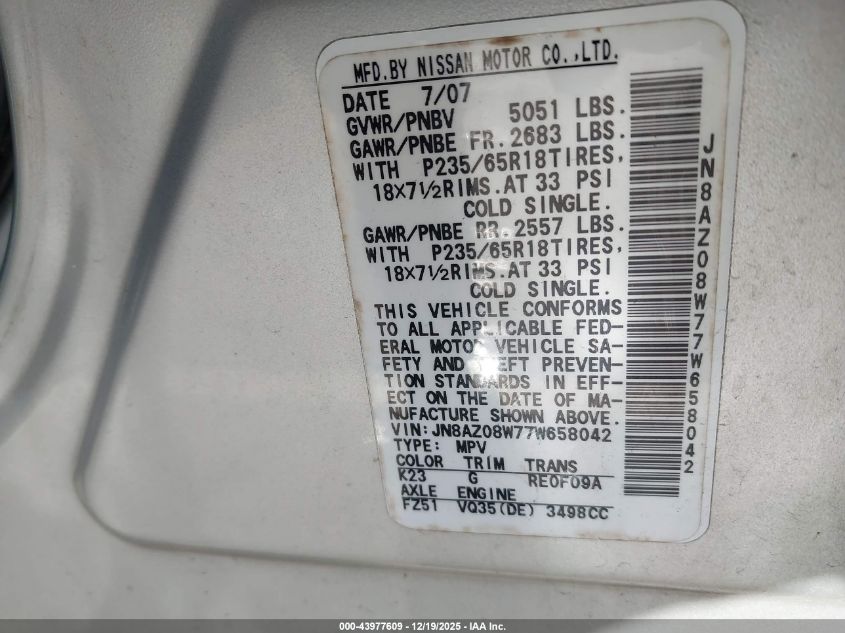 2007 Nissan Murano S VIN: JN8AZ08W77W658042 Lot: 43977609