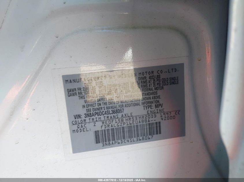 2025 Nissan Kicks Sr Fwd VIN: 3N8AP6DC4SL368067 Lot: 43977610