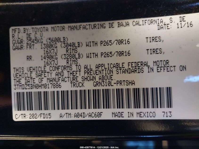 2017 Toyota Tacoma Trd Off Road VIN: 3TMDZ5BN0HM017886 Lot: 43977614