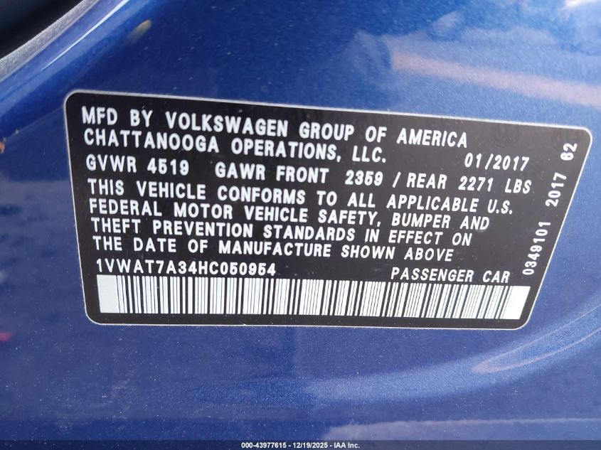 2017 Volkswagen Passat 1.8T S VIN: 1VWAT7A34HC050954 Lot: 43977615