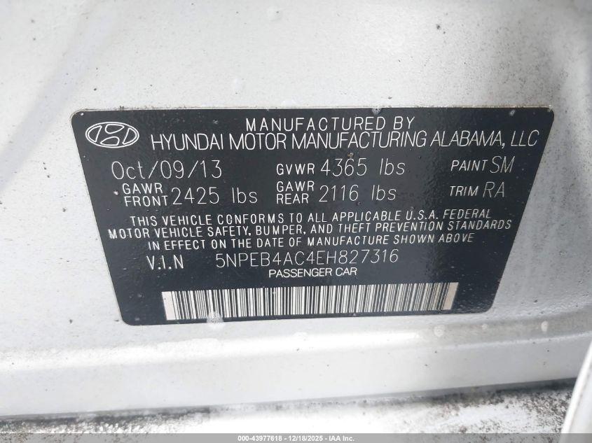 2014 Hyundai Sonata Gls VIN: 5NPEB4AC4EH827316 Lot: 43977618