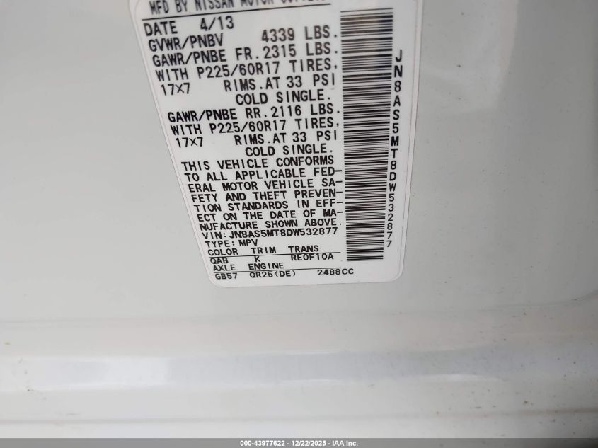 2013 Nissan Rogue Sv VIN: JN8AS5MT8DW532877 Lot: 43977622