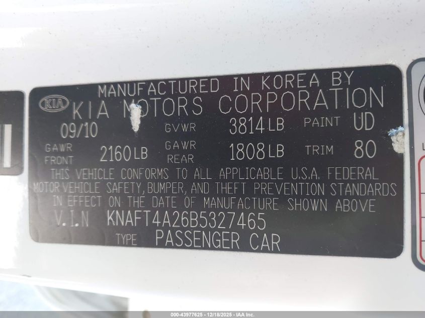 2011 Kia Forte Lx VIN: KNAFT4A26B5327466 Lot: 43977625