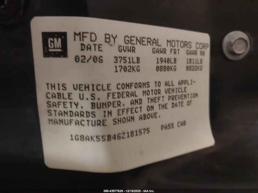 2006 Saturn Ion 3 VIN: 1G8AK55B46Z181575 Lot: 43977626