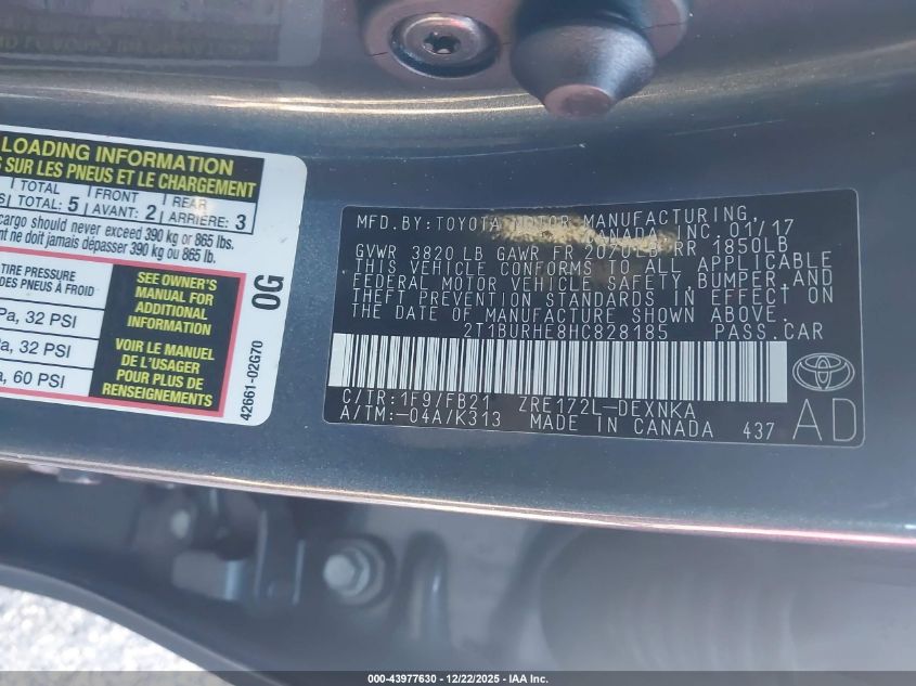 2017 Toyota Corolla Le VIN: 2T1BURHE8HC828185 Lot: 43977630