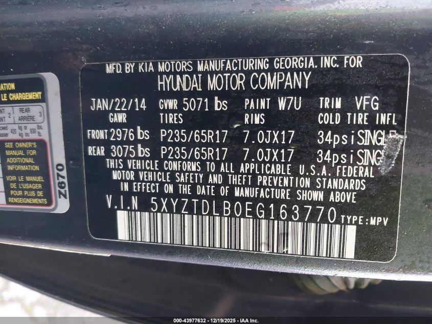 2014 Hyundai Santa Fe Sport 2.4L VIN: 5XYZTDLB0EG163770 Lot: 43977632