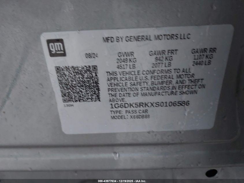 2025 Cadillac Ct4 Luxury Rwd VIN: 1G6DK5RKXS0106586 Lot: 43977634
