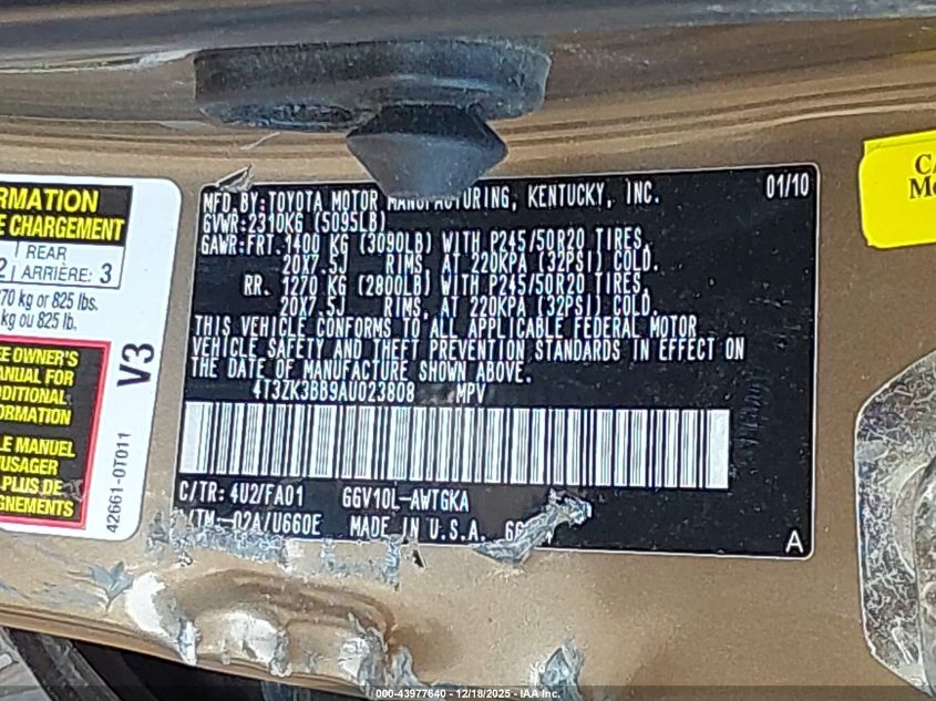 2010 Toyota Venza Base V6 VIN: 4T3ZK3BB9AU023808 Lot: 43977640