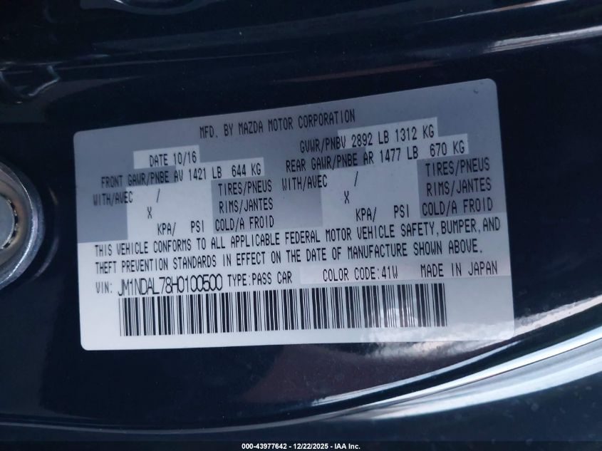 2017 Mazda Mx-5 Miata Rf Club VIN: JM1NDAL78H0100500 Lot: 43977642