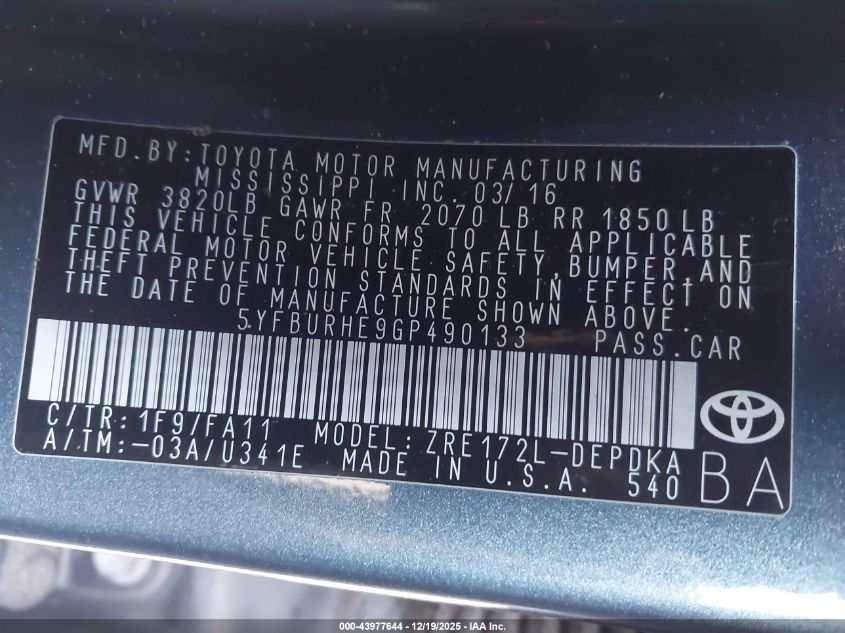 2016 Toyota Corolla L VIN: 5YFBURHE9GP490133 Lot: 43977644