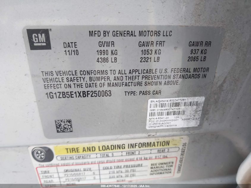 2011 Chevrolet Malibu Ls VIN: 1G1ZB5E1XBF250063 Lot: 43977648